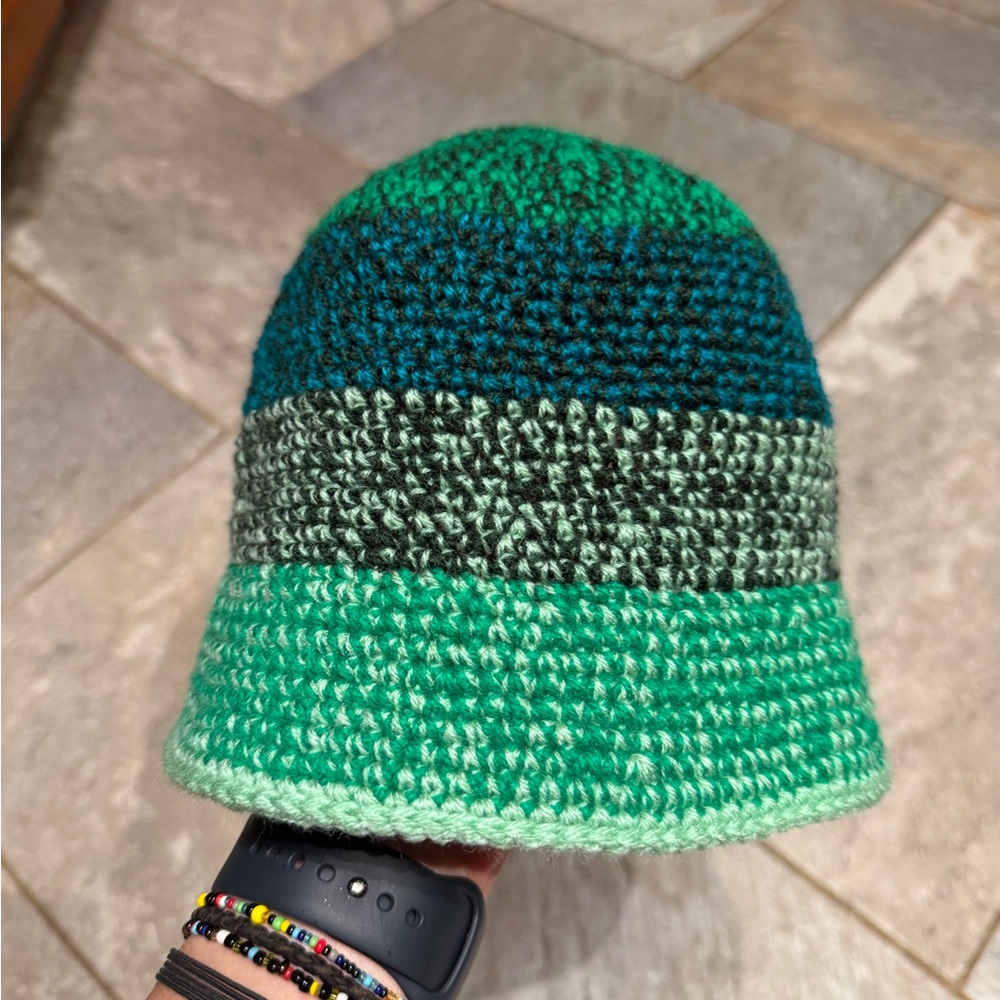 Green and Blue Striped Crochet Hat
